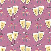 Festive seamless pattern, champagne glasses and fireworks. Festive background, print, vector