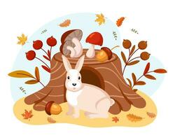 lindo conejo y tocón de árbol con setas del bosque, bellotas, serbal y hojas de otoño. ilustración para niños, estampado de otoño, vector