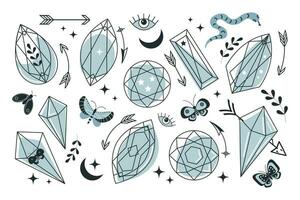 Set of line art minerals, crystals, eyes, gems, moths, butterflies, moon, stars. Magic fairy tale on the theme of Halloween. Magic elements. Vector