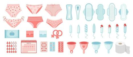 Feminine hygiene set. Menstrual period concept. Menstrual cup, tampons, soap, panties, monthly calendar, sanitary napkin and pills. Vector