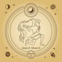 signo del zodiaco acuario, signo del horóscopo astrológico. dibujo de contorno en un círculo decorativo con símbolos astronómicos místicos. vector