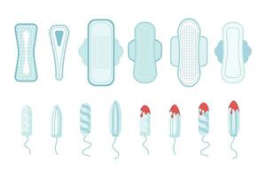 Feminine hygiene set. The concept of the menstrual cycle. Tampons and sanitary napkins. Vector