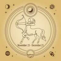 Zodiac sign Sagittarius, astrological horoscope sign. Outline drawing in a decorative circle with mystical astronomical symbols. Vector