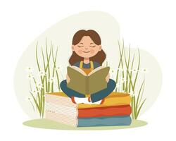 A cute girl with a book sits on books on a background of daisies. Cartoon illustration, baby print, vector