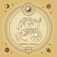 Capricorn zodiac sign, astrological horoscope sign. Outline drawing in a decorative circle with mystical astronomical symbols. Vector