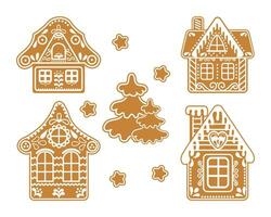 Set of gingerbread houses and Christmas trees. Festive decor elements, print, vector