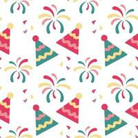 Festive seamless pattern, fireworks, party hats and confetti. Festive background, print, vector