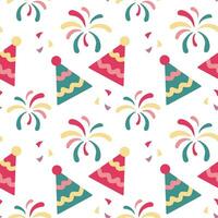 Festive seamless pattern, fireworks, party hats and confetti. Festive background, print, vector