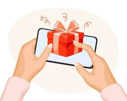 Red gift box with a bow in a mobile phone in hands. The concept of virtual congratulations. Festive background, vector