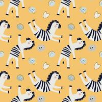 Seamless pattern, cute cartoon dancing zebras on the background of doodle planets and hearts. Children's print, textile, vector