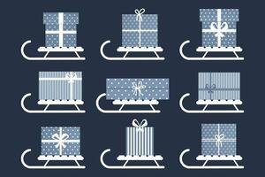 Set of winter sledges, sled with gift boxes. Blue and white design. Print, vector