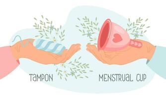 The composition of feminine hygiene. Menstrual cup and tampon in hand. Protection for a woman in critical days. Vector