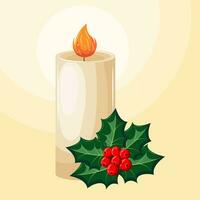 Christmas illustration, burning candle, holly and red berries. Postcard, background, vector