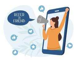 Refer a friend marketing concept. A woman with a megaphone invites friends to a referral program. Social media marketing for friends. Landing page template. Vector. vector