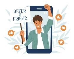 Refer a friend marketing concept. The person on the phone invites to the referral program. Social communication, social media marketing for friends. Landing page template. Vector. vector