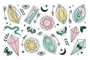 Set of line art minerals, crystals, eyes, gems, moths, butterflies, moon, stars. Magic fairy tale on the theme of Halloween. Magic elements. Vector