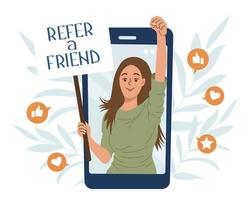 Refer a friend marketing concept. The person on the phone invites to the referral program. Social communication, social media marketing for friends. Landing page template. Vector. vector