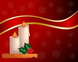 fondo rojo brillante de navidad con velas, acebo, bayas y cinta sobre fondo de copo de nieve. impresión, póster, vector