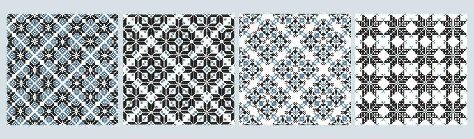 Set of ethnic seamless patterns. Geometric abstract two-color patterns Ethnic motifs. Print, textile, background, vector