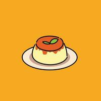 pudding custard with caramel glaze. cartoon hand drawing illustration in isolation on a orange background. easy to use vector