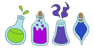 Potion bottles set isolated on white background. Cartoon flat vector illustration of different shape glass jars with colorful liquid substance. Magic shop, witchcraft accessories. Game props