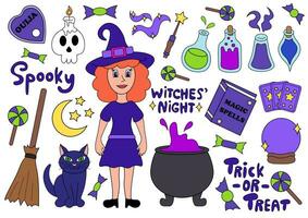 Halloween element set witch, cat, cauldron, poison bottles, ouija, magic book, tarot, magic ball, broomstick, skull, candle, magic wand. Text lettering Trick or treat, Spooky, Witches night. vector