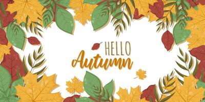 Fall leaves frame with lettering hello autumn. Vector llustration with place for text, photo. Thanksgiving Design element for invitation, card, web, background, social media, banners, flyers.