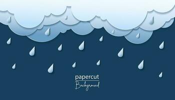 Beautiful rain clouds on dark blue sky background. Paper cut style. Place for text 3d papercut background with top and bottom cloudy sky. Rainy weather layered banner. Vector card illustration.