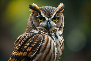 Owl with yellow eyes on a solid background. ai generative photo