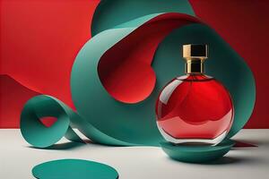 Creative and brandless Perfume bottle and flower on the wooden table, closeup. ai generative photo