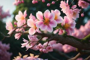 cherry blossom sakura flower on blue sky background, ai generative photo