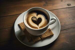 Coffee cup and coffee beans on a wooden table, top view. ai generative photo