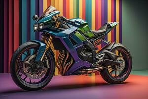 Modern powerful sports motorcycle on a colorful background. ai generative photo