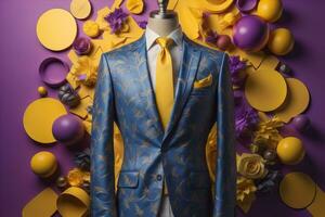 Stylish suits on mannequins on solid color background, closeup. ai generative photo