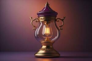 Lantern on a wooden table and a dark background. ai generative photo