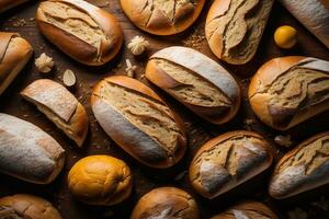 Freshly baked sweet buns on a red background. Toned. ai generative photo