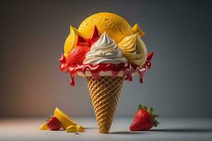 Ice cream in waffle cone on blue background, top view, flat lay. ai generative photo