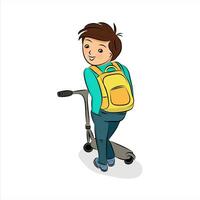 A happy young boy with a scooter and school bag. Sport concept. Flat design. Vector illustration isolated on white background