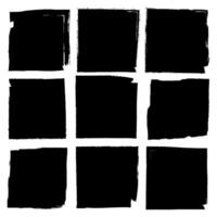 Set of vector square grunge black stickers isolated on white background. A group of labels with uneven rough edges drawn with an ink brush. Vector design elements, 9 square frames