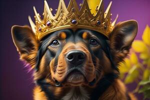 Portrait of a cute dog in a golden crown on a solid color background. ai generative photo