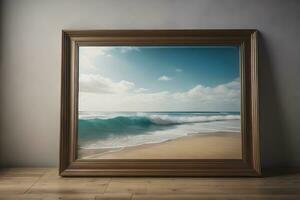 Glass picture frame on a solid color background. ai generative photo