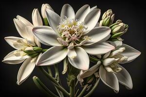 Bouquet of snowdrops on a black background. Studio photography. ai genrative photo