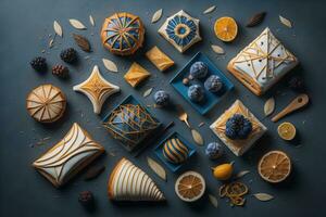Homemade cakes on a solid colors background, top view. ai generative photo