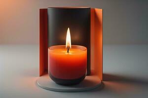 Burning aroma candle on wooden table against solid color background, copyspace. ai generative photo