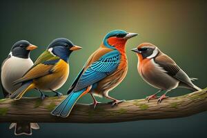 Vector illustration of a group of colorful birds sitting on a branch. ai generative photo