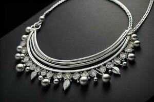 Silver necklace on a solid color background in close-up. ai generative photo