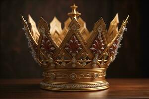 low key image of beautiful golden queen, king crown. ai generative photo