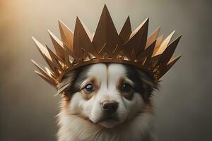 Portrait of a cute dog in a golden crown on a solid color background. ai generative photo