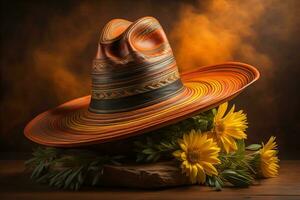 de moda sombrero en un sólido color antecedentes. ai generativo foto