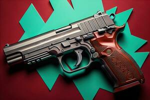 Semi-automatic handgun on a solid color background. Close-up. ai generative photo
